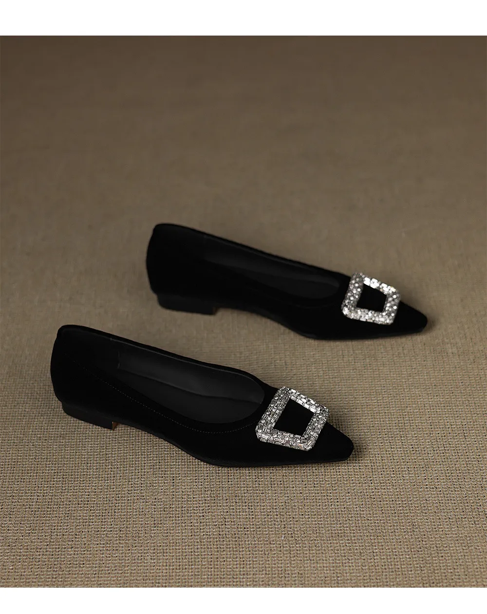 Autumn flat pointed toe low-cut single shoes with rhinestone square buckle suede slip-on shoes