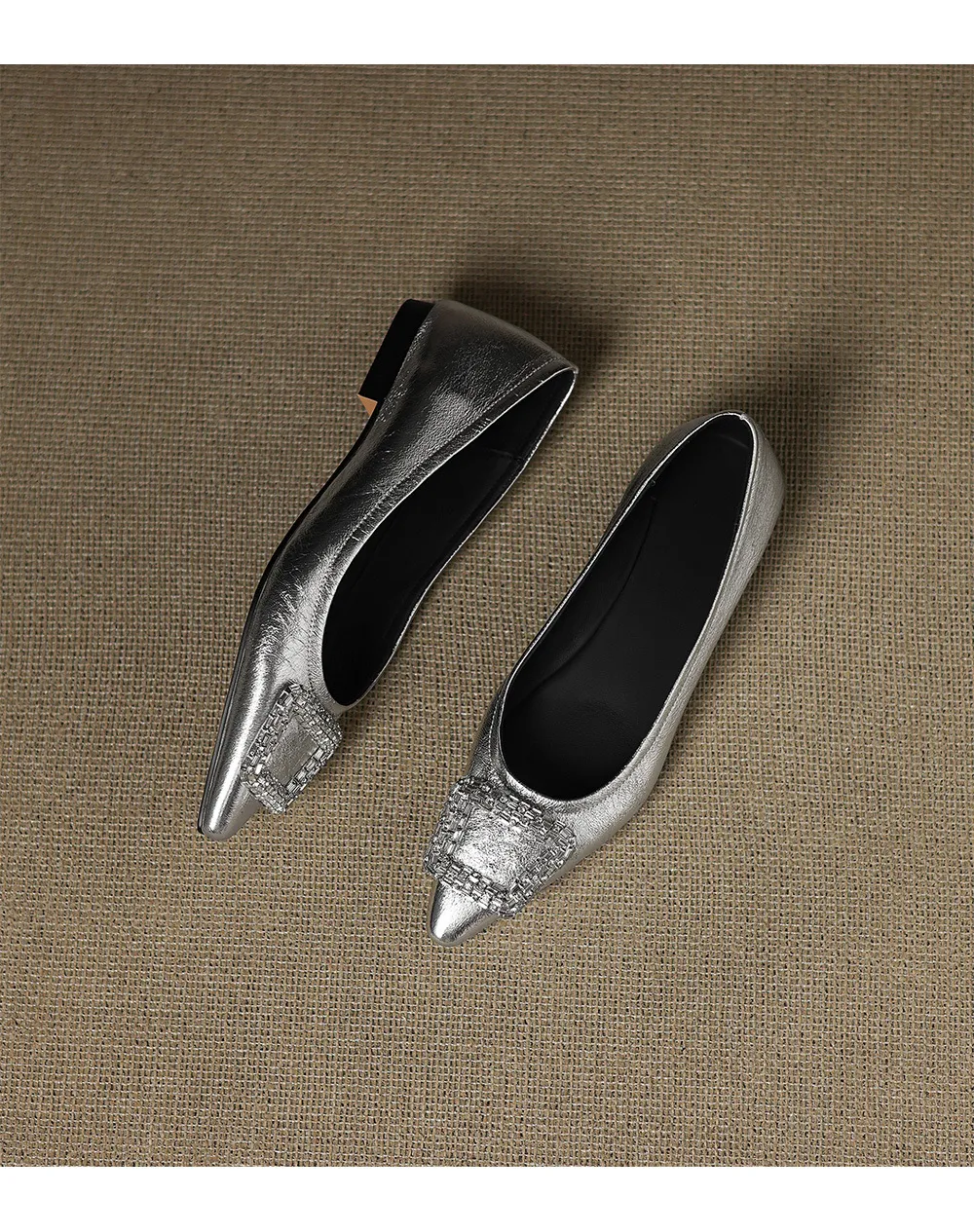 Autumn flat pointed toe low-cut single shoes with rhinestone square buckle suede slip-on shoes