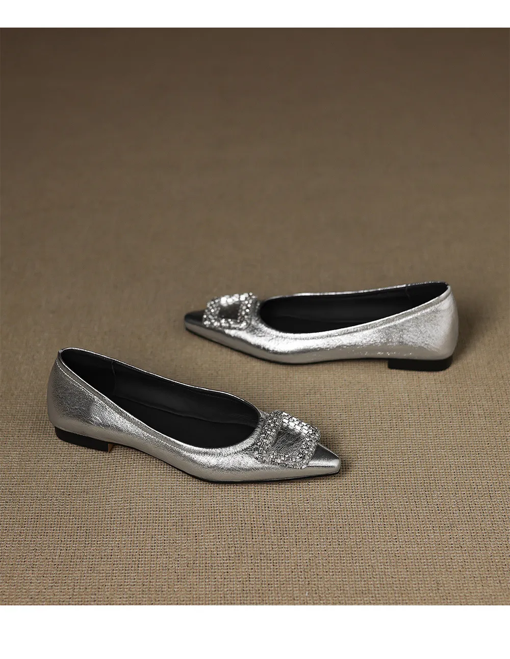 Autumn flat pointed toe low-cut single shoes with rhinestone square buckle suede slip-on shoes