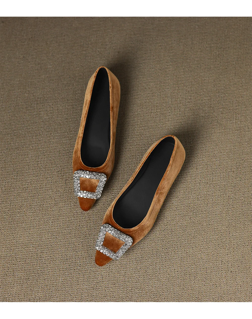 Autumn flat pointed toe low-cut single shoes with rhinestone square buckle suede slip-on shoes
