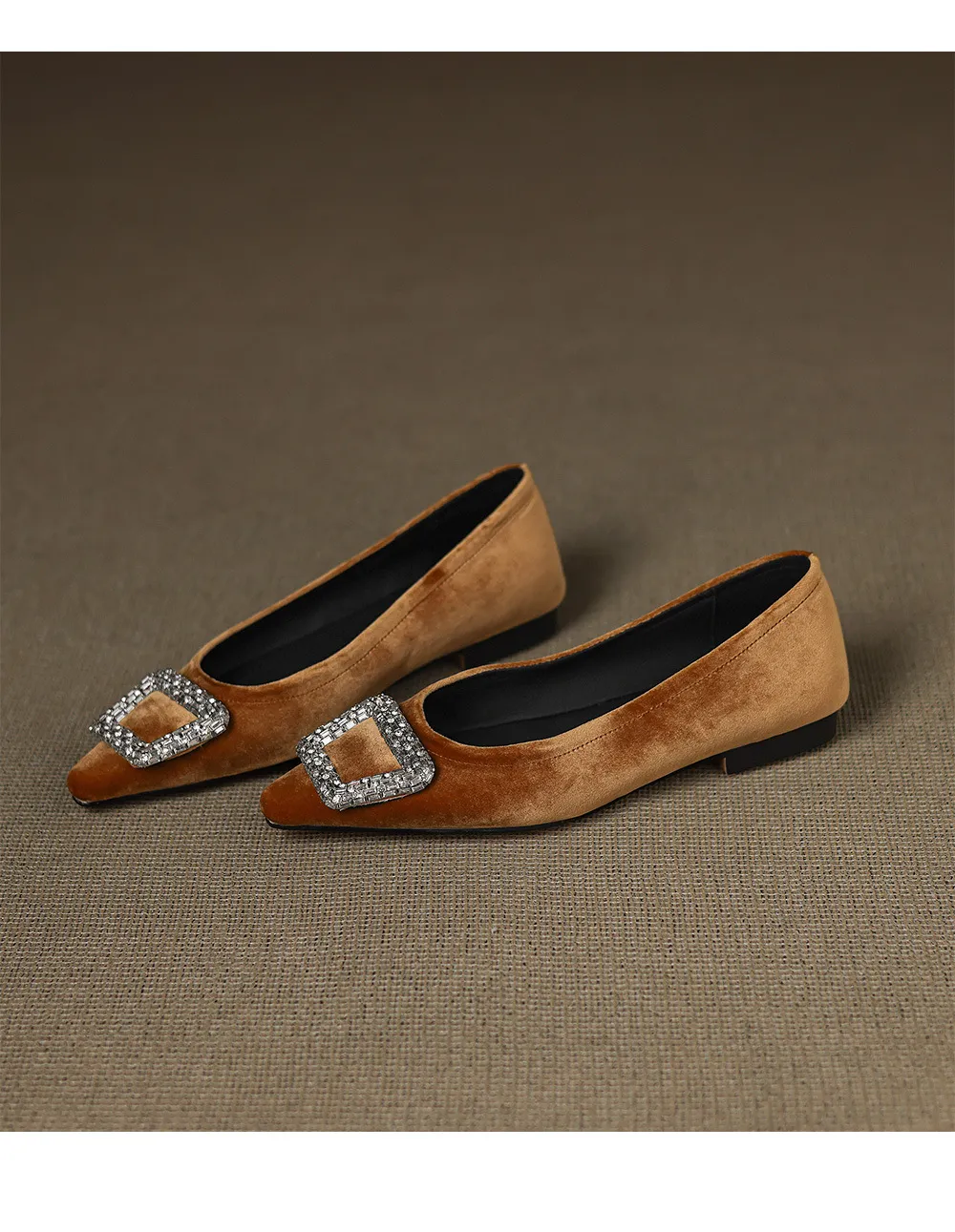 Autumn flat pointed toe low-cut single shoes with rhinestone square buckle suede slip-on shoes
