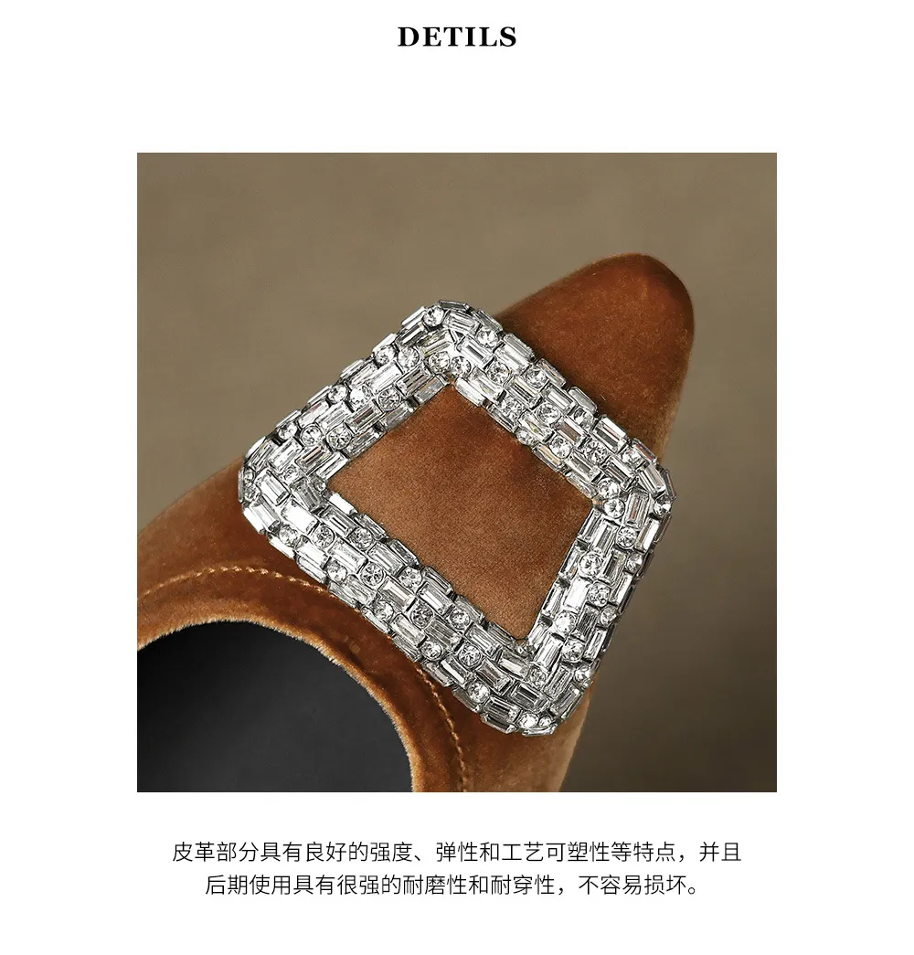 Autumn flat pointed toe low-cut single shoes with rhinestone square buckle suede slip-on shoes