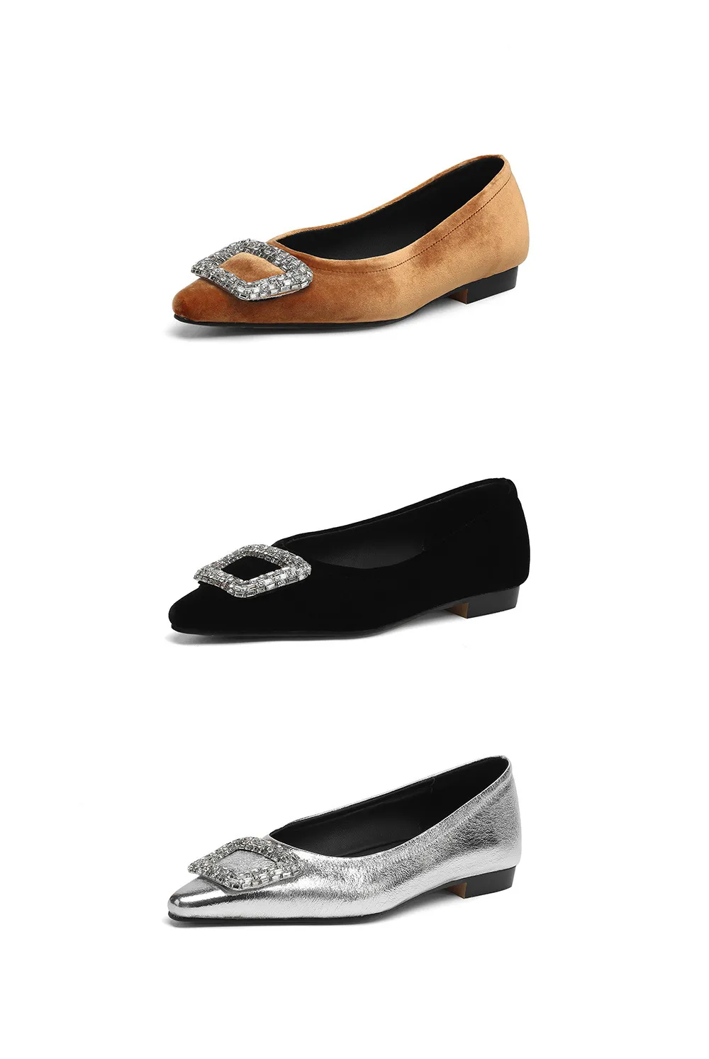 Autumn flat pointed toe low-cut single shoes with rhinestone square buckle suede slip-on shoes