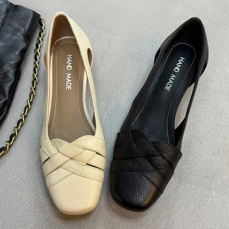 Women's summer shoes made of breathable, soft-soled, chunky heel, 3cm, genuine leather, versatile square toe, mid-heel, suitable for mothers.