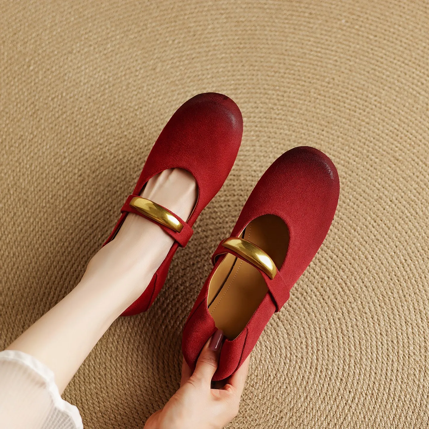Autumn round-toe flat shoes, comfortable cowhide, two-way slip-on shoes for women