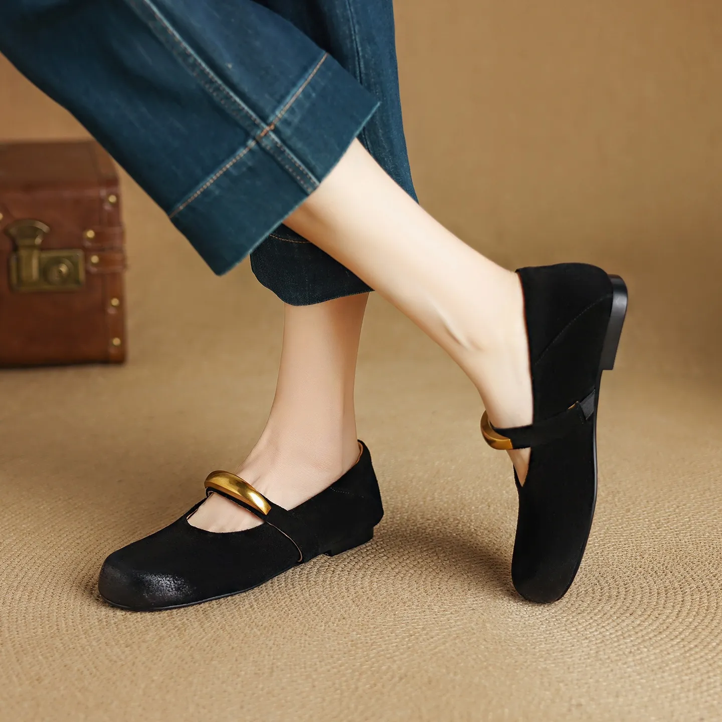 Autumn round-toe flat shoes, comfortable cowhide, two-way slip-on shoes for women