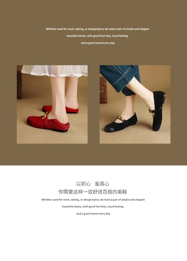 Autumn round-toe flat shoes, comfortable cowhide, two-way slip-on shoes for women