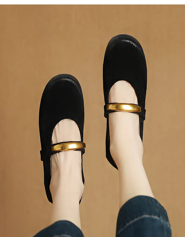 Autumn round-toe flat shoes, comfortable cowhide, two-way slip-on shoes for women