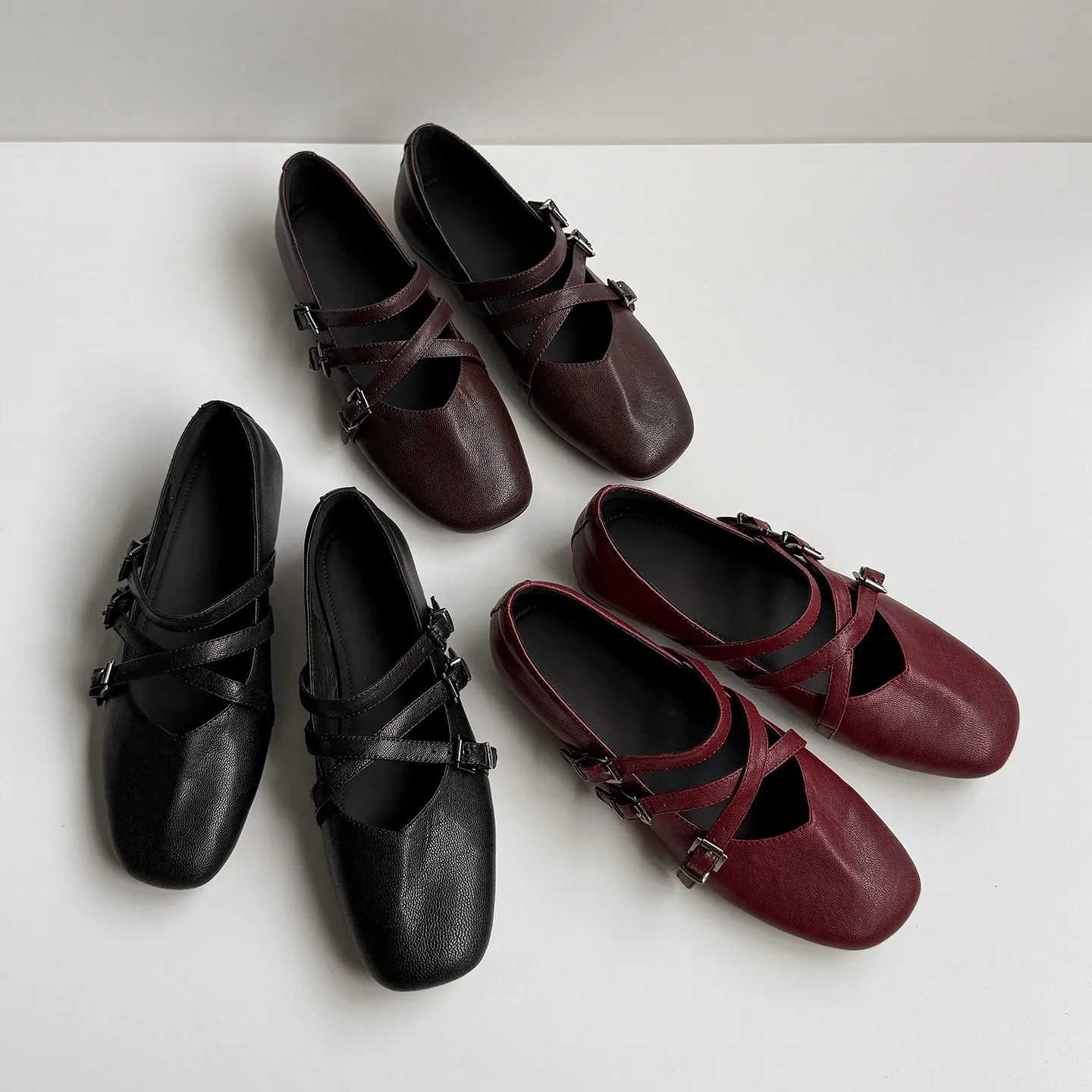 Autumn square-toe flat shoes, sheepskin, low-cut, comfortable fashion women's shoes