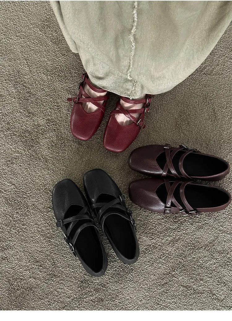 Autumn square-toe flat shoes, sheepskin, low-cut, comfortable fashion women's shoes