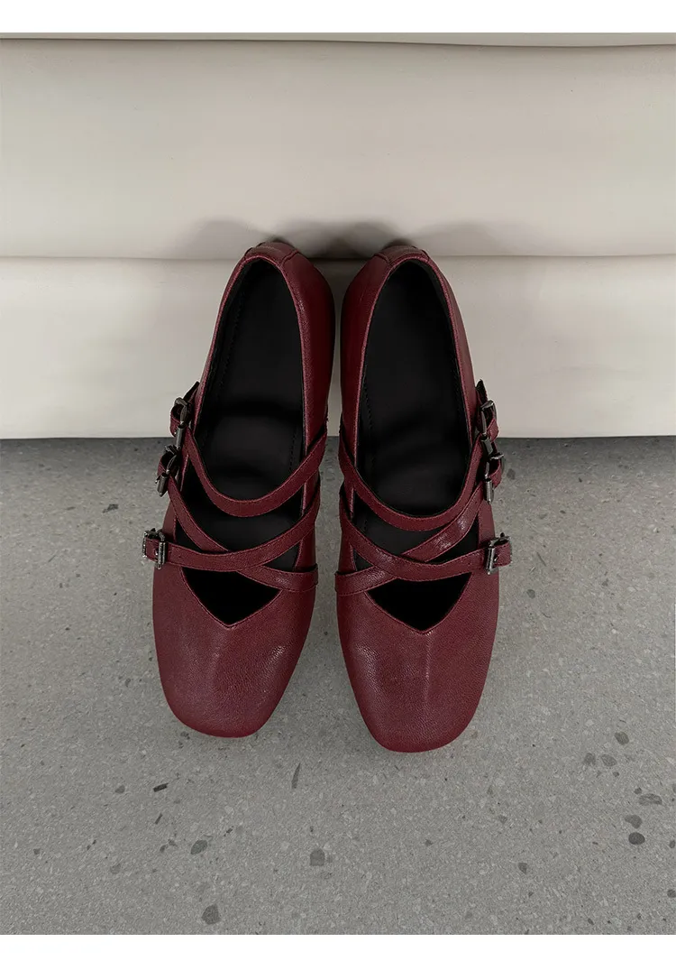 Autumn square-toe flat shoes, sheepskin, low-cut, comfortable fashion women's shoes