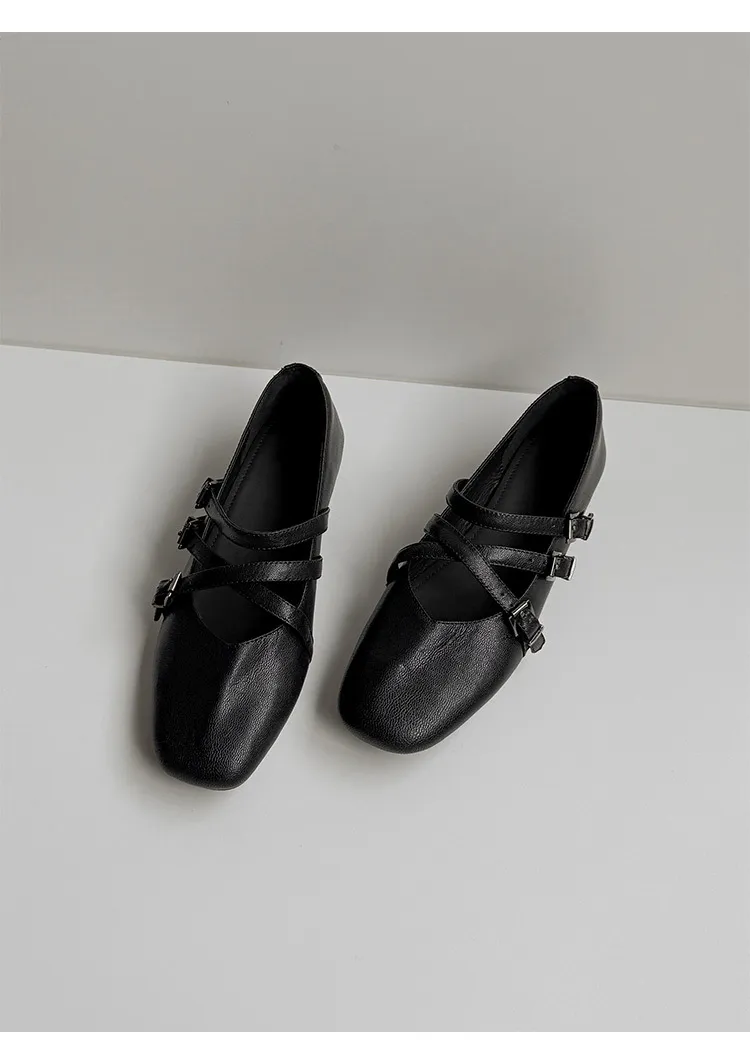 Autumn square-toe flat shoes, sheepskin, low-cut, comfortable fashion women's shoes