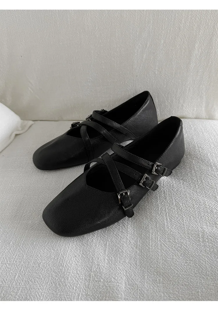 Autumn square-toe flat shoes, sheepskin, low-cut, comfortable fashion women's shoes