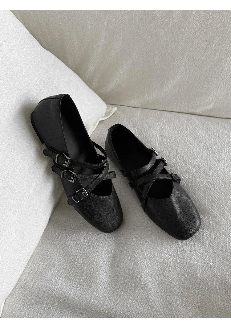 Autumn square-toe flat shoes, sheepskin, low-cut, comfortable fashion women's shoes