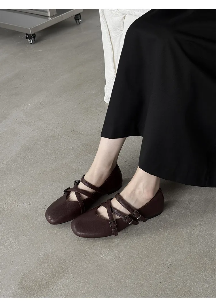 Autumn square-toe flat shoes, sheepskin, low-cut, comfortable fashion women's shoes