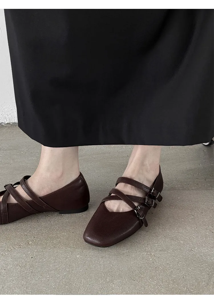 Autumn square-toe flat shoes, sheepskin, low-cut, comfortable fashion women's shoes