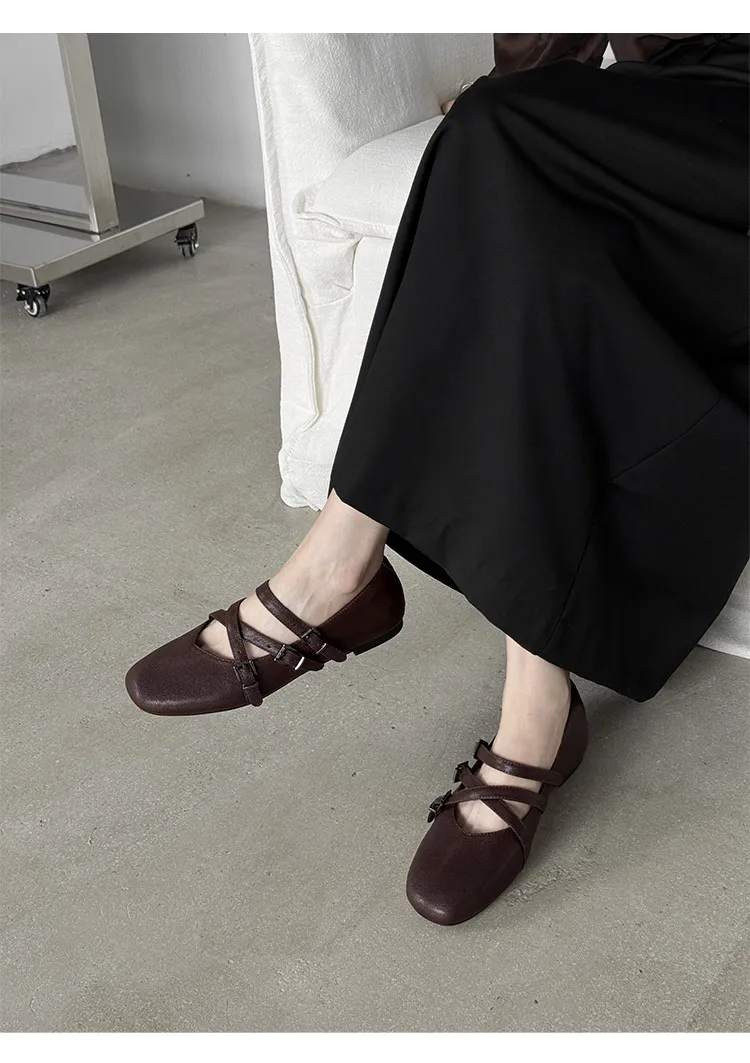 Autumn square-toe flat shoes, sheepskin, low-cut, comfortable fashion women's shoes