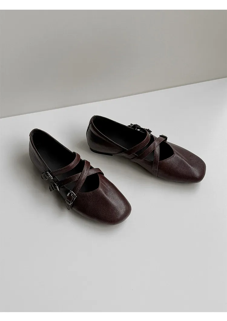 Autumn square-toe flat shoes, sheepskin, low-cut, comfortable fashion women's shoes