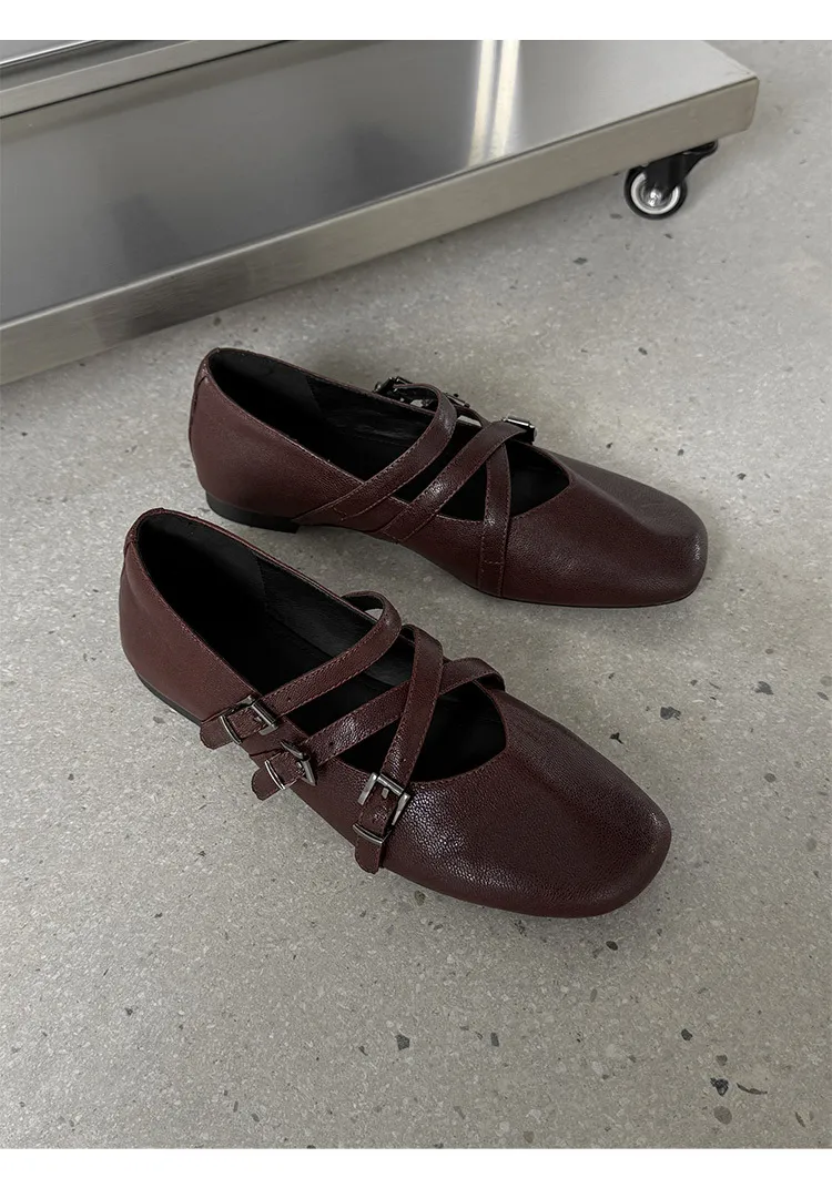 Autumn square-toe flat shoes, sheepskin, low-cut, comfortable fashion women's shoes
