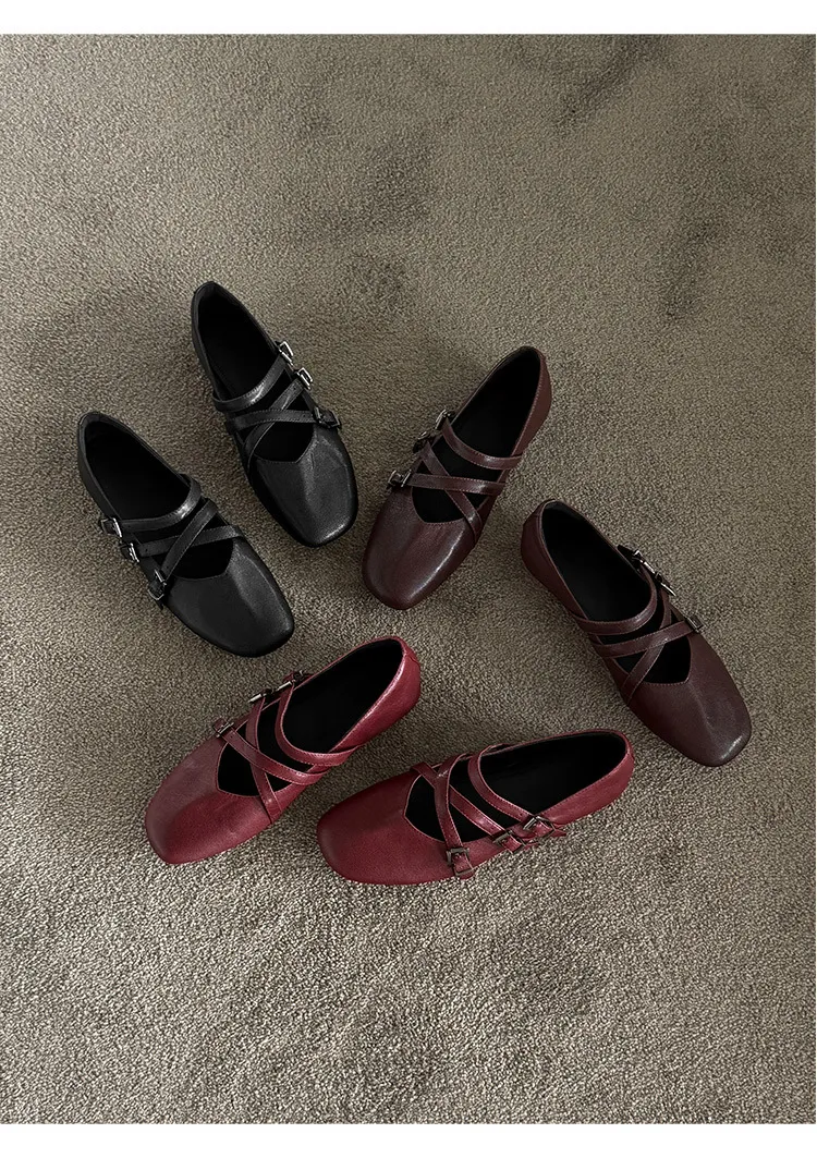 Autumn square-toe flat shoes, sheepskin, low-cut, comfortable fashion women's shoes