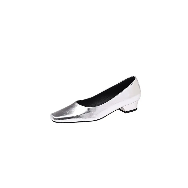 Autumn square-toe low-cut single shoes with chunky heels, made of cowhide, simple style.