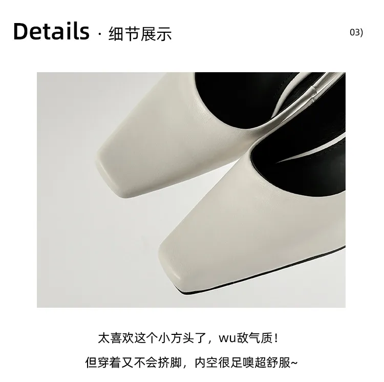 Autumn square-toe low-cut single shoes with chunky heels, made of cowhide, simple style.