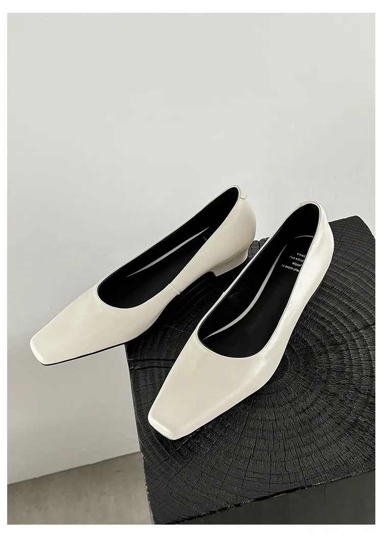 Autumn square-toe low-cut single shoes with chunky heels, made of cowhide, simple style.