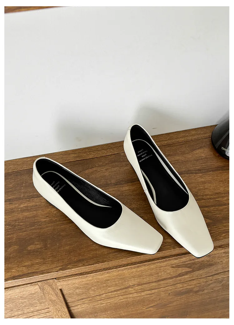 Autumn square-toe low-cut single shoes with chunky heels, made of cowhide, simple style.