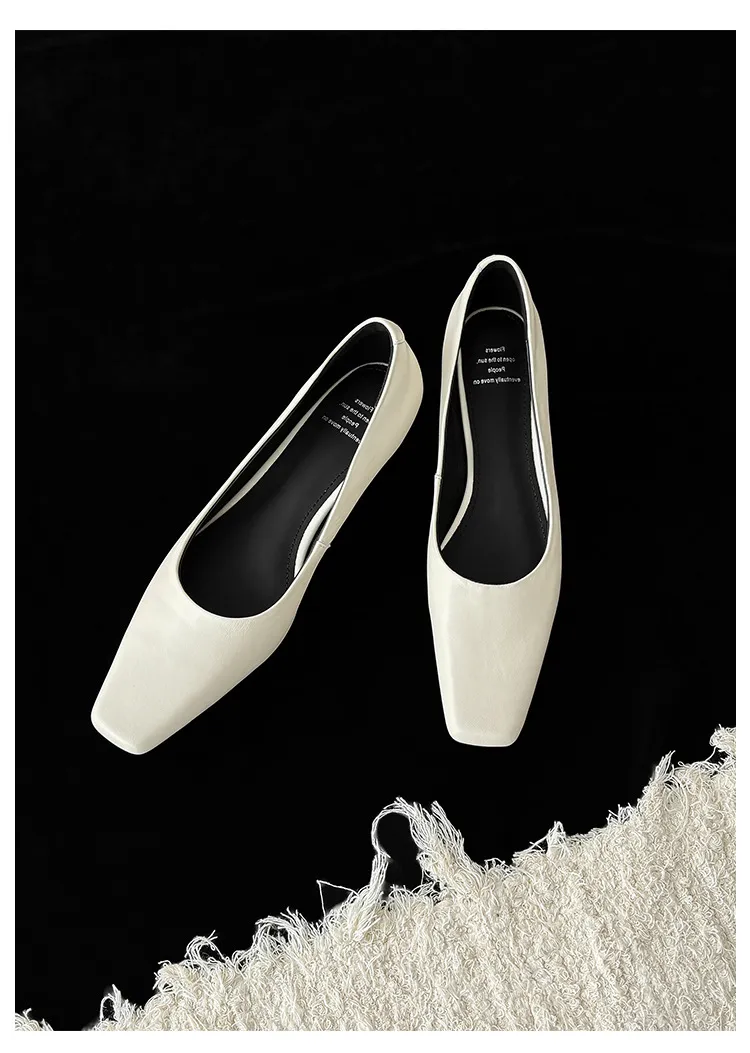 Autumn square-toe low-cut single shoes with chunky heels, made of cowhide, simple style.