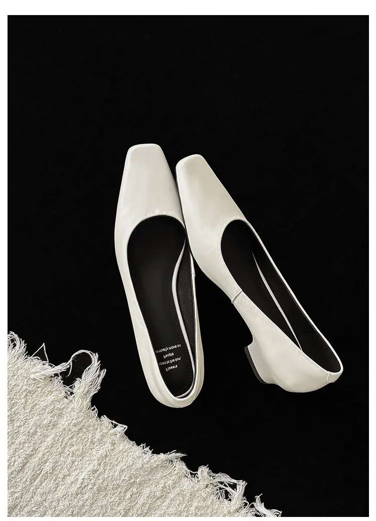 Autumn square-toe low-cut single shoes with chunky heels, made of cowhide, simple style.