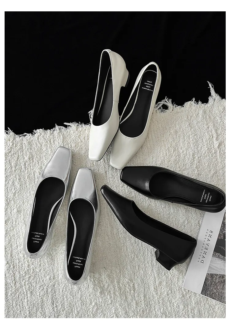 Autumn square-toe low-cut single shoes with chunky heels, made of cowhide, simple style.