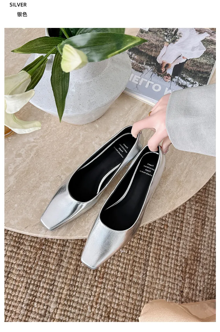Autumn square-toe low-cut single shoes with chunky heels, made of cowhide, simple style.