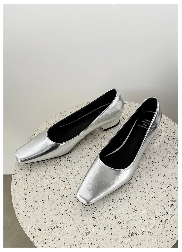 Autumn square-toe low-cut single shoes with chunky heels, made of cowhide, simple style.