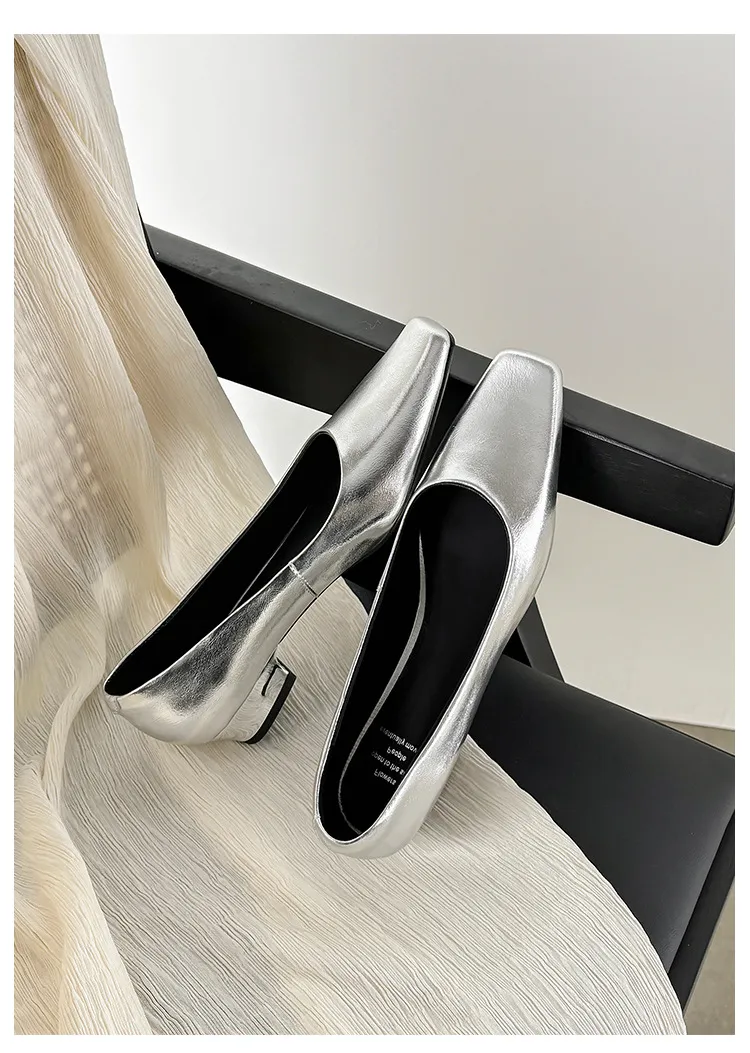 Autumn square-toe low-cut single shoes with chunky heels, made of cowhide, simple style.