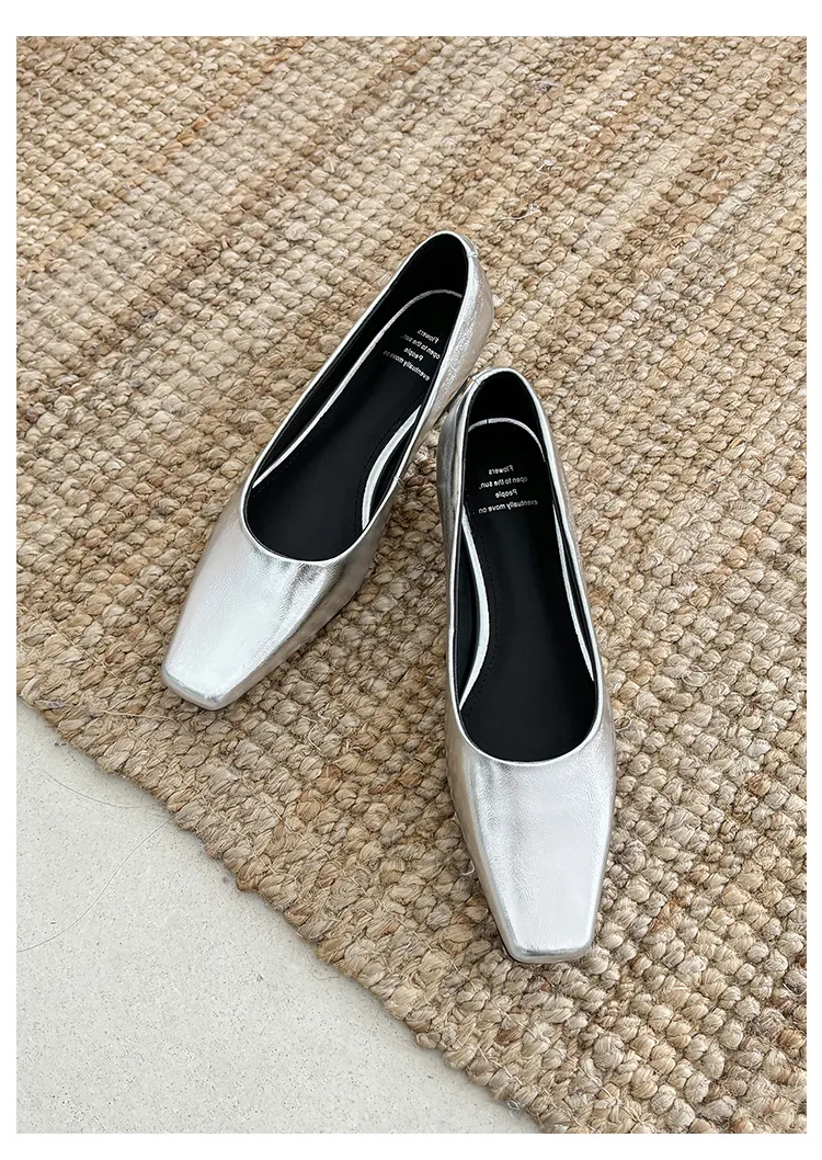 Autumn square-toe low-cut single shoes with chunky heels, made of cowhide, simple style.