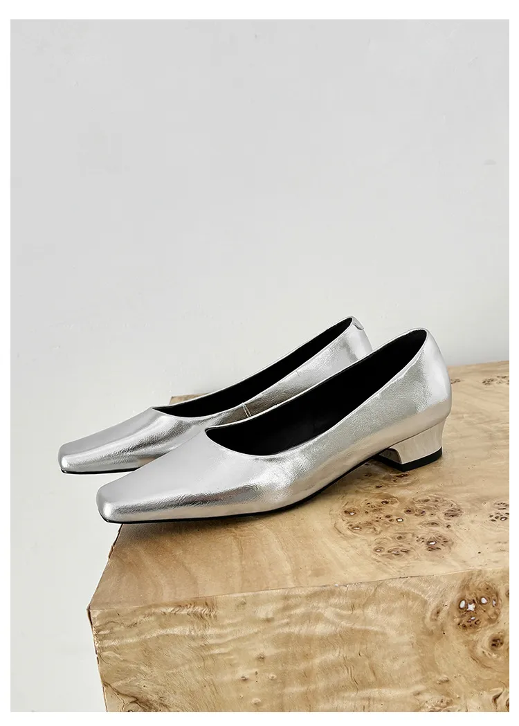 Autumn square-toe low-cut single shoes with chunky heels, made of cowhide, simple style.