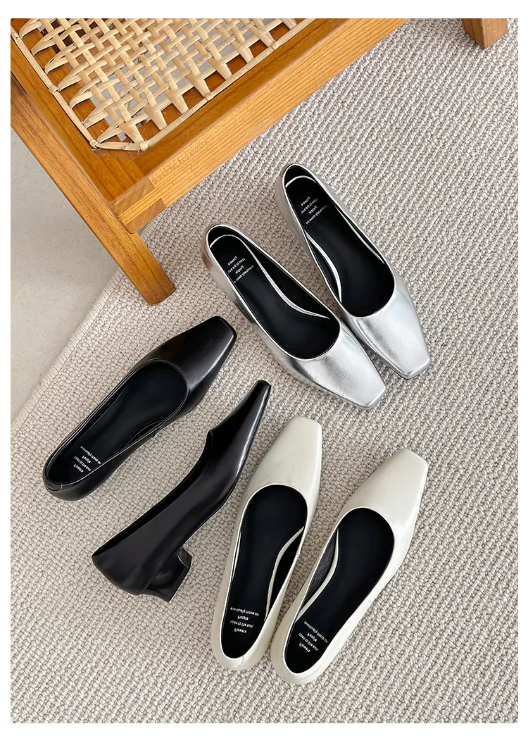 Autumn square-toe low-cut single shoes with chunky heels, made of cowhide, simple style.