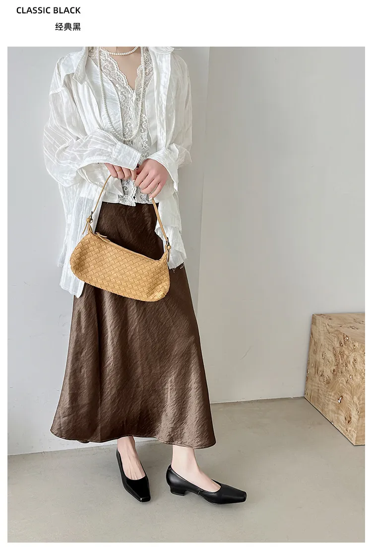 Autumn square-toe low-cut single shoes with chunky heels, made of cowhide, simple style.