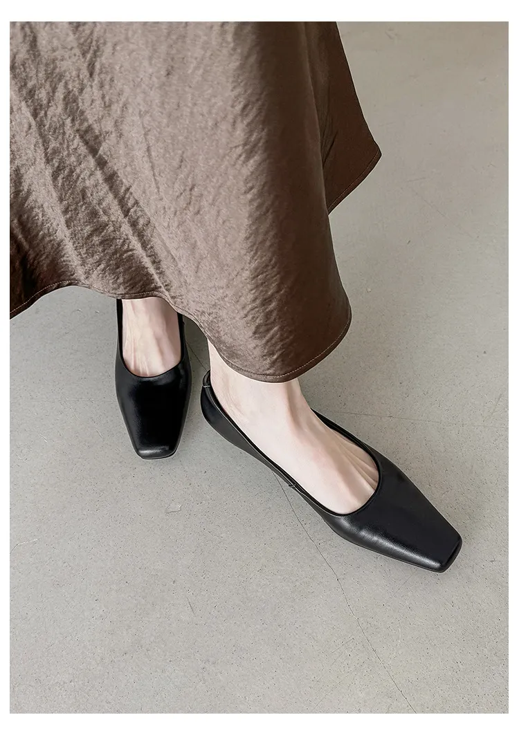 Autumn square-toe low-cut single shoes with chunky heels, made of cowhide, simple style.