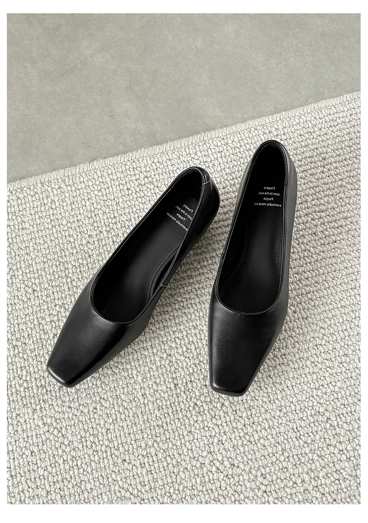 Autumn square-toe low-cut single shoes with chunky heels, made of cowhide, simple style.