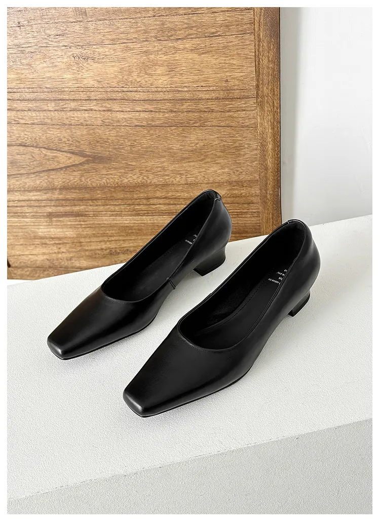 Autumn square-toe low-cut single shoes with chunky heels, made of cowhide, simple style.