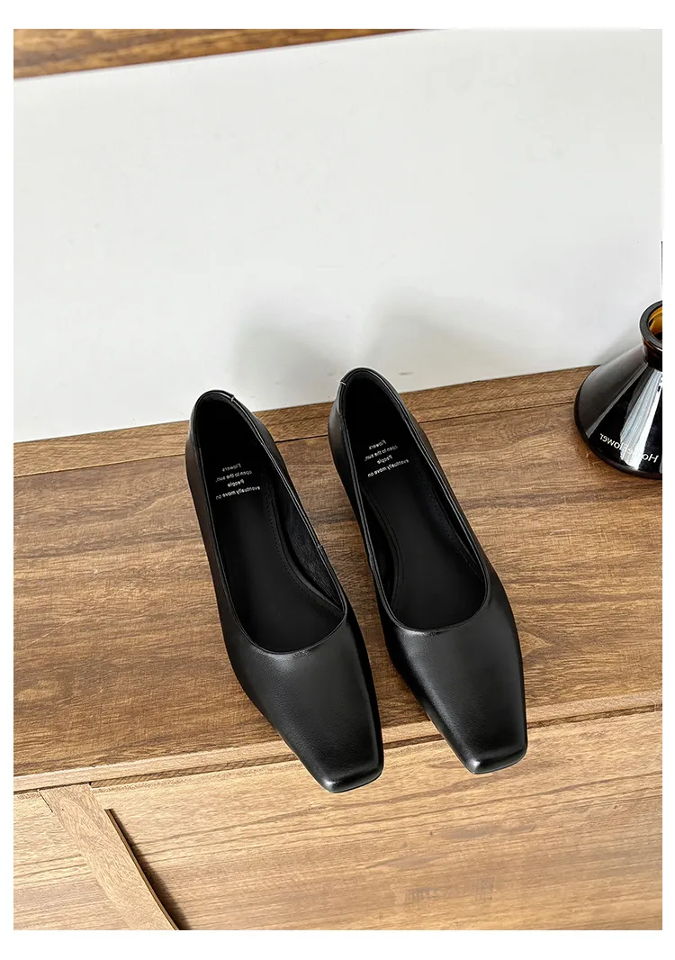 Autumn square-toe low-cut single shoes with chunky heels, made of cowhide, simple style.