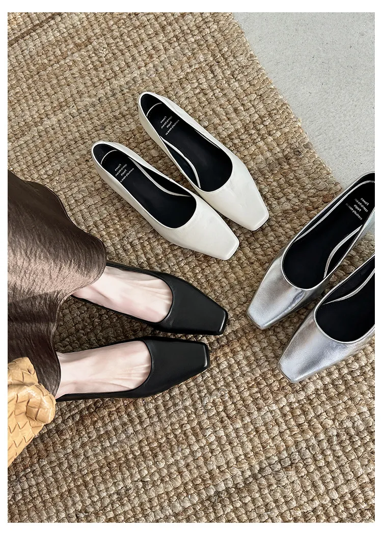 Autumn square-toe low-cut single shoes with chunky heels, made of cowhide, simple style.