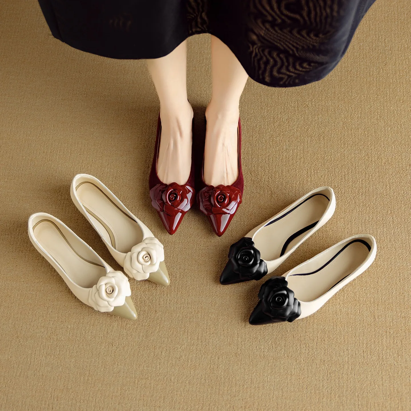 Autumn pointed-toe chunky heel low-heel floral color-block Chanel-style lambskin fashion shoes
