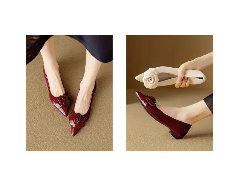 Autumn pointed-toe chunky heel low-heel floral color-block Chanel-style lambskin fashion shoes