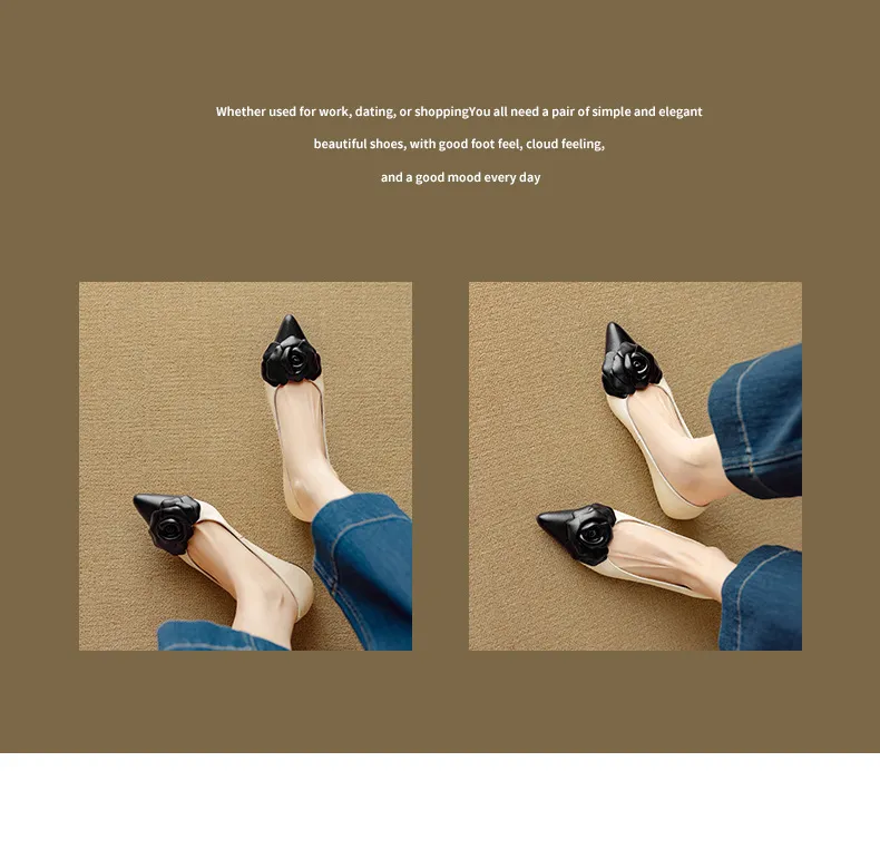 Autumn pointed-toe chunky heel low-heel floral color-block Chanel-style lambskin fashion shoes