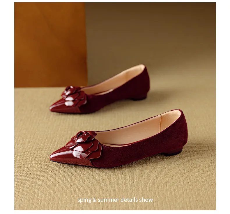 Autumn pointed-toe chunky heel low-heel floral color-block Chanel-style lambskin fashion shoes