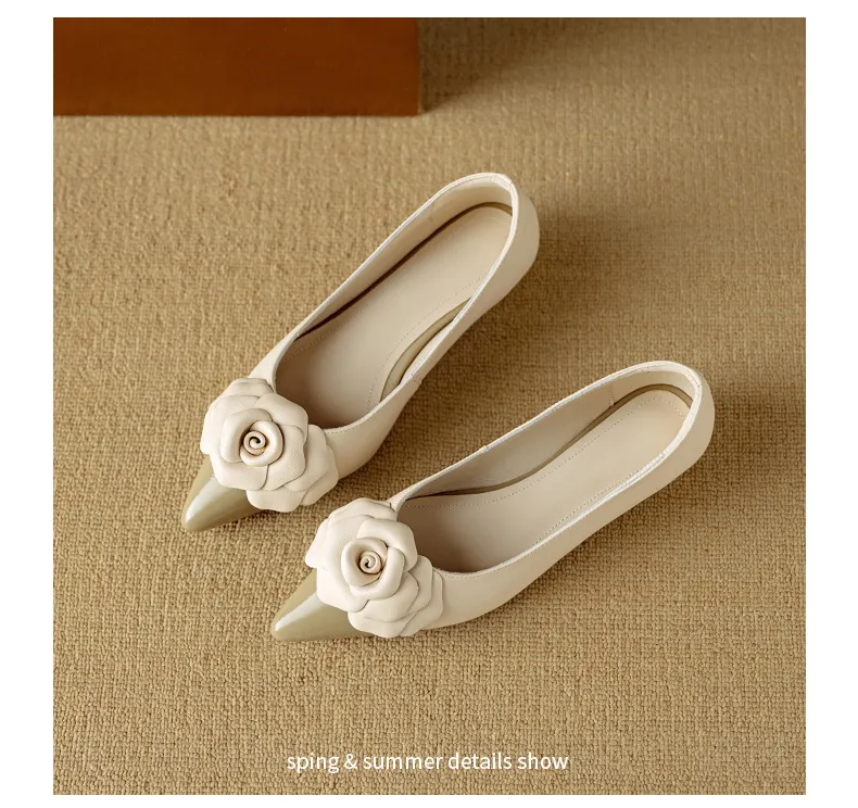 Autumn pointed-toe chunky heel low-heel floral color-block Chanel-style lambskin fashion shoes