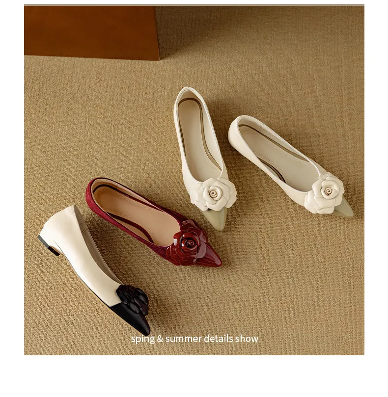 Autumn pointed-toe chunky heel low-heel floral color-block Chanel-style lambskin fashion shoes