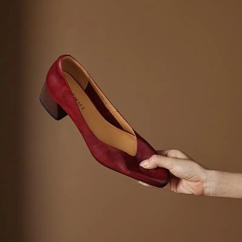 In-stock video: Spring/Autumn style chunky heeled high heel square toe low-cut single shoes, cowhide slip-on fashion women's shoes